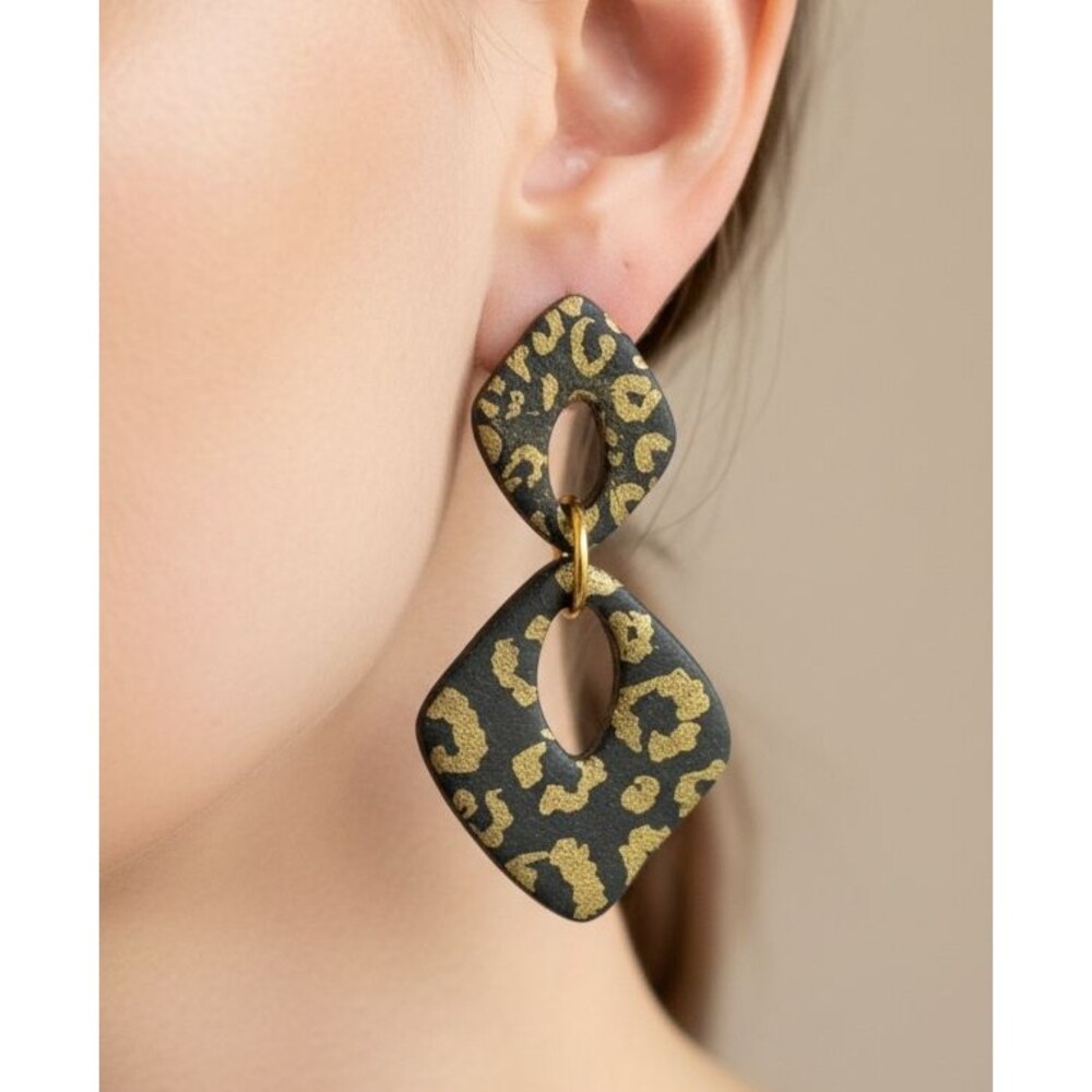 Handmade Black Gold Leopard Animal Print Polymer Clay Statement Dangle Earrings